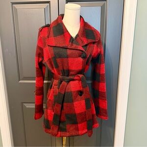 Madden Girl Buffalo Plaid Belted Pea Coat – Women’s Medium